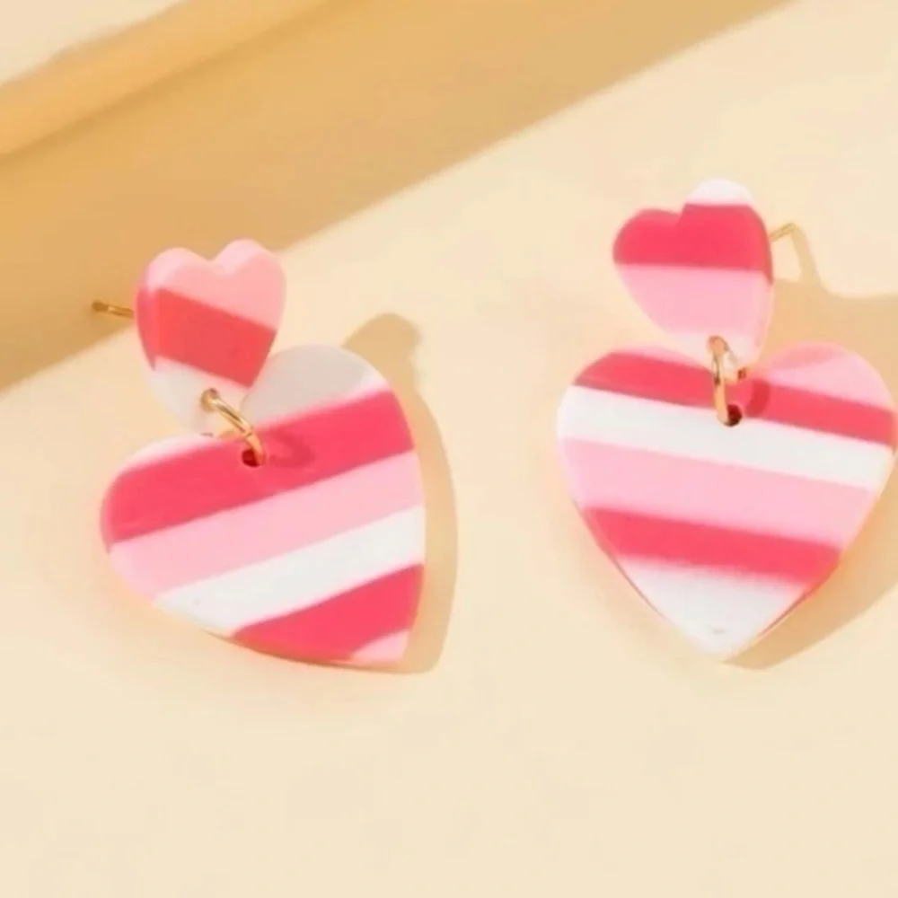 Pink Heart Dangle Earrings Striped Acrylic Coquette Valentine